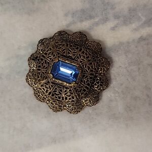 Brass Filigree Blue Rhinestone Brooch